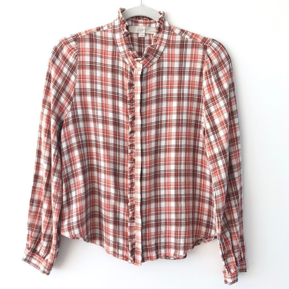Loft Plaid Blouse High Neck Mini Ruffle Button Down Puff Sleeve Pumpkin Orange